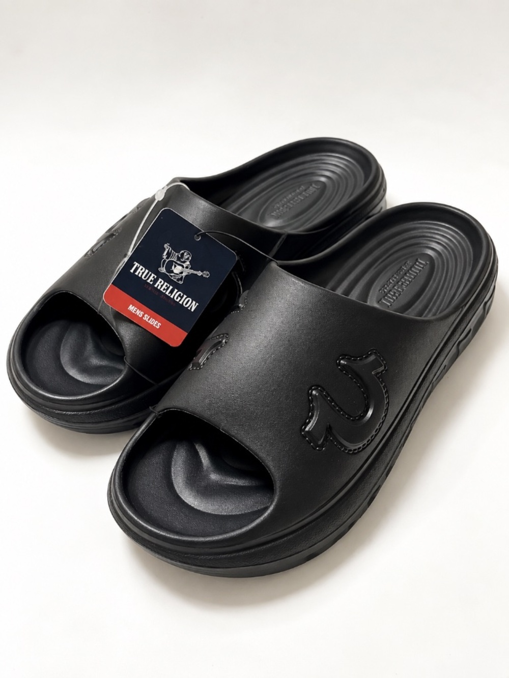 True Religion Mens Slides Black Horseshoe Logo Cushioned Sandals NWT